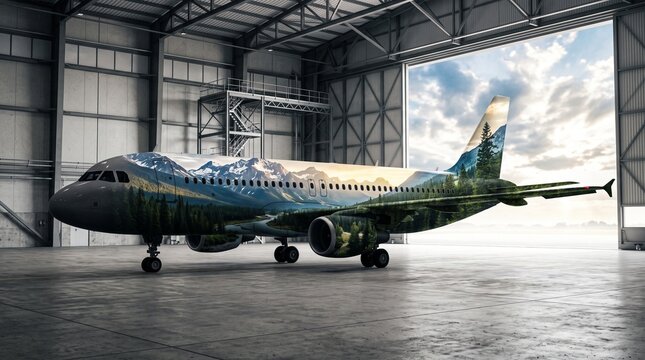 Airplane parked inside industrial hangar featuring creative mountain landscape wrap on fuselage