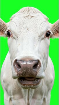 Front view of a white cow chewing slowly with large eyes and moist nose isolated on a bright green screen background