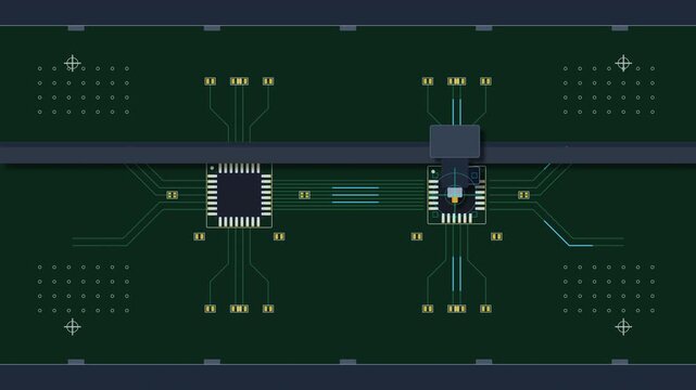 circuit board animation with microprocessor assembly, microchip manufacturing, tech hardware engineering, digital data processing