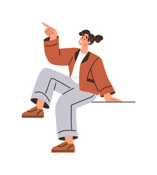 Woman sitting and pointing up vector illustration. Future vision, career guidance, education, creative discovery, goal setting, lifestyle. Female character gesturing towards the sky