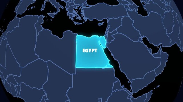 4K loop animation of a futuristic holographic 3D digital globe rotating and zooming into an elevated glowing Egypt map with neon borders and 3D country text. Ideal for geopolitics, tech broadcast, Nor