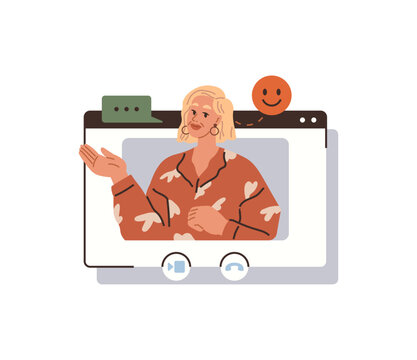 Senior woman talking on a video call interface vector illustration. Telehealth, remote consultation, digital literacy, social connection, online support, mental health. Elderly lady using web browser