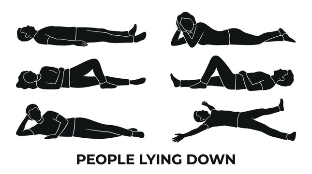 Set of six distinct human silhouettes displaying various resting positions and relaxing postures while lying down isolated on a clean white background