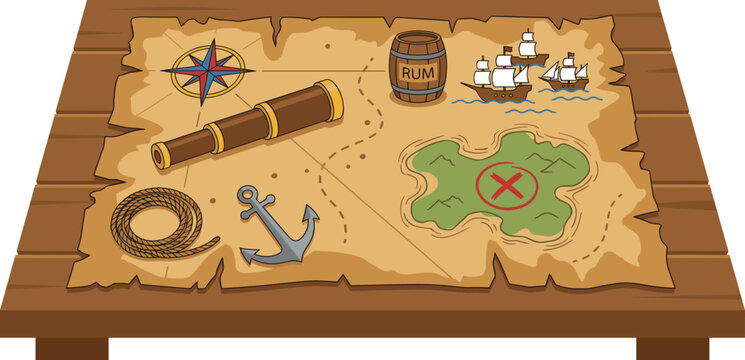 Pirate treasure map on a wooden table with spyglass, rope, anchor and ships, flat vector illustration isolated on white background