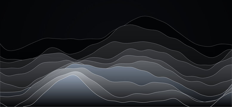 Abstract dark technology background featuring sleek layered topographic wave contours, audio soundwave lines, and dark gradient landscape graphic