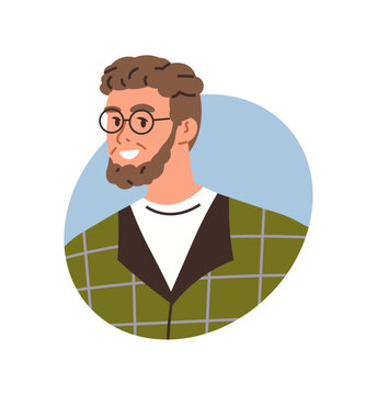 Smiling man with a beard and glasses in a circle vector illustration. User profile, social media, avatar design, team member, digital identity, headshot. Bearded male character with spectacles