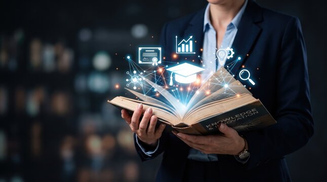 Business person holding open book with glowing educational icons emerging, graduation cap certificate graph lightbulb magnifying glass representing knowledge learning innovation