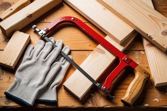 Assorted carpentry tools lie on wooden planks. Red hacksaw with metal blade rests near grey work gloves. Various timber pieces, wood scraps scattered on workshop table. Carpentry equipment for home