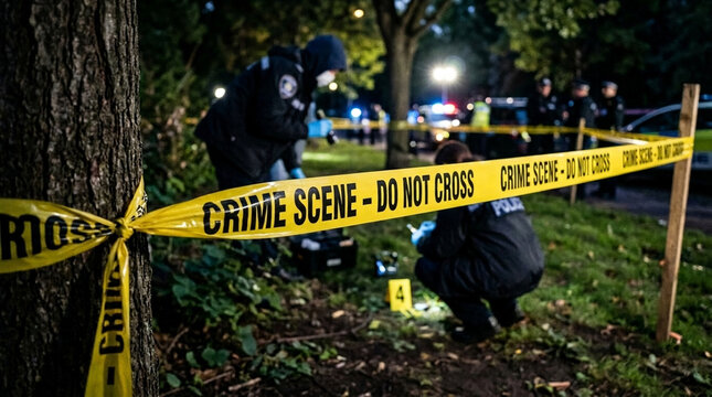 Police forensic investigators in uniform examine evidence at a nighttime crime scene outdoors marked by yellow caution tape