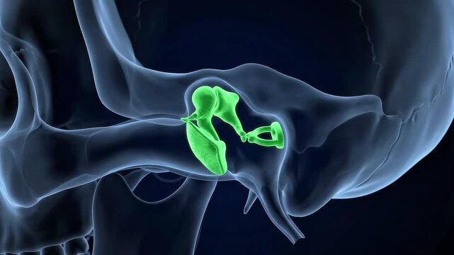 3D Medical Illustration of Human Ear Anatomy Highlighting the Ossicles Malleus Incus and Stapes within the Skull Bone