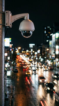 Nighttime surveillance camera overlooking a busy city street with traffic and blurred lights
