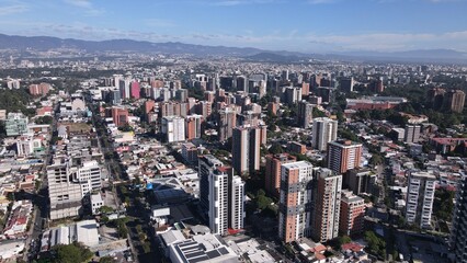 Fototapeta premium Aerial view of guatemala city skyline zona 10 drone shot.