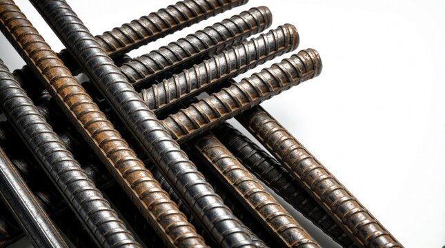 Steel rebars with rusty texture lie in messy pile. Metal reinforcement bars for construction projects show industrial pattern. Heavy iron rods with ribbed surface provide strength for concrete