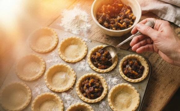 Making mincemeat pies for Christmas holidays with pastry shells and dried fruit filling