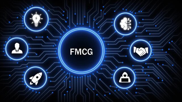 Fast-moving consumer goods fmcg digital transformation concept featuring glowing circuit board network with business for corporate strategy, supply chain management, and modern retail technology