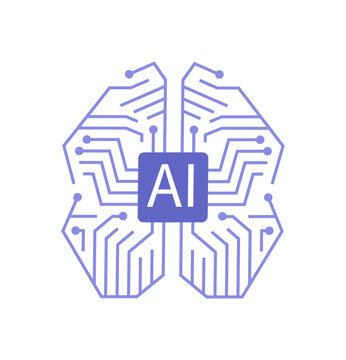 Digital brain with circuit lines and AI icon vector illustration. Machine learning, deep learning, neural network, smart tech, data processing, innovation. Electronic mind with processor chip