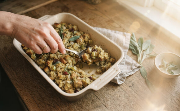 Woman serving homemade traditional Thanksgiving stuffing from a ceramic baking dish on a rustic wooden table with fresh sage leaves