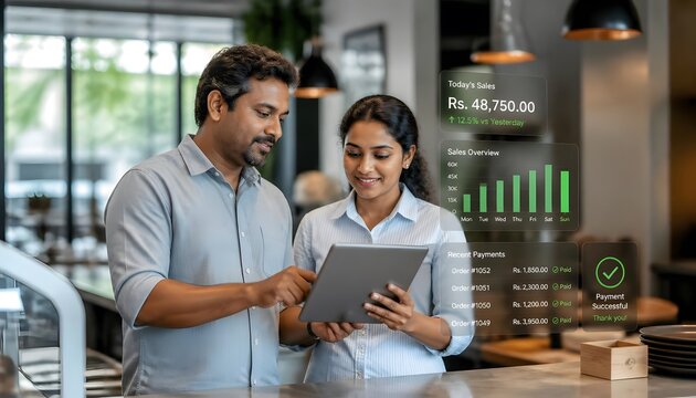 Restaurant Owners Checking Revenue Analytics and Successful Payments on Tablet