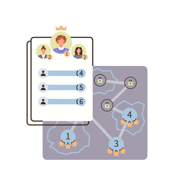 Leaderboard with user avatars and level map vector illustration. Gamification, competition, achievement, progress, engagement, rewards. Ranking board with profile icons and game path