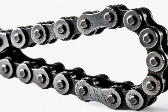 Close up of rusty motorcycle chain on white background. Old metal roller chain with steel links shows wear, corrosion. Macro view of mechanical part for bike engine repair industrial machine