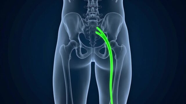 3D medical illustration of the sciatic nerve highlighted in green within a transparent human skeleton, showing the lower back, pelvis, and upper leg anatomy.