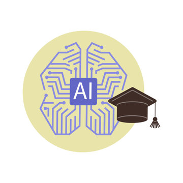 Digital brain with AI text and graduation cap vector illustration. Online learning, machine learning, academic technology, future education, smart study, digital literacy. Electronic mind with cap