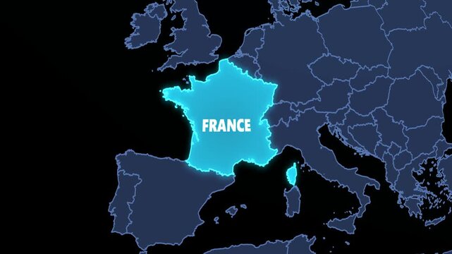 4K loop animation of a futuristic holographic 3D digital globe rotating and zooming into an elevated glowing France map with neon borders and 3D country text. Ideal for geopolitics, tech broadcast, Eu