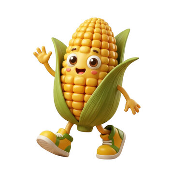 A cheerful 3d cartoon corn character waving hand while walking on white background transparent background
