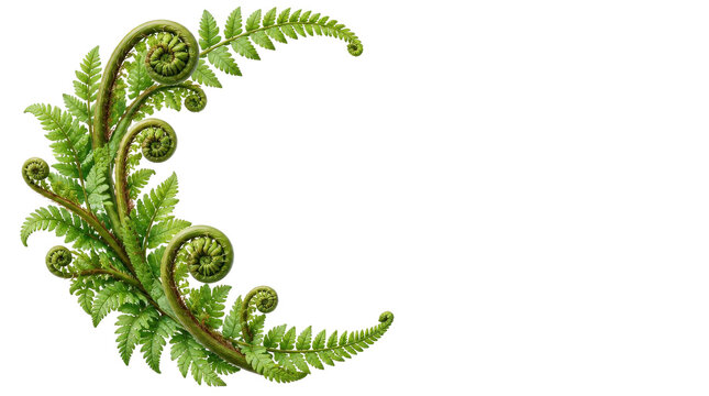 Fern Fronds and Fiddleheads Isolated on White with Copy Space