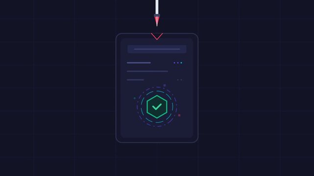 Stylus drawing checkmark on digital document interface with abstract glowing geometric UI graphics on dark grid background