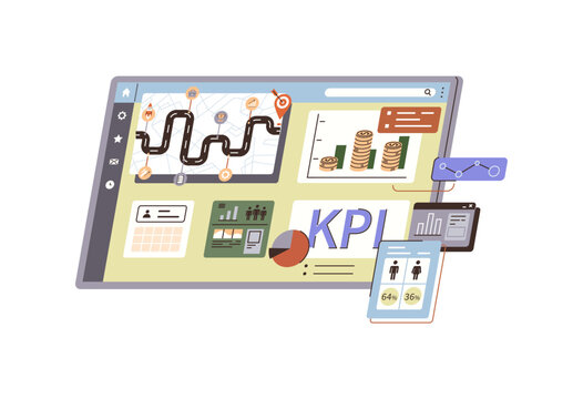 Business dashboard with KPI metrics and charts vector illustration. Performance tracking, strategic planning, financial analysis, marketing, growth, management. Electronic interface with statistics