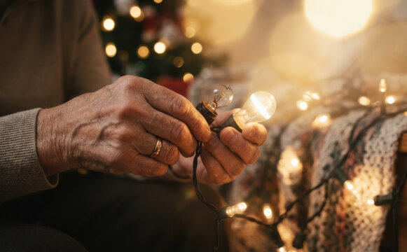 Elderly man holding and checking Christmas lights string with glowing bulbs indoors