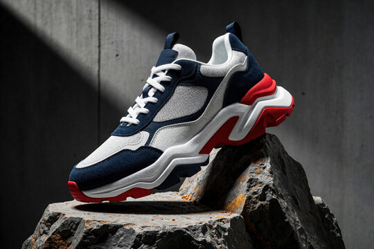 Modern navy blue white, red sneakers sit on rough rock pedestal. Stylish casual footwear for walking, travel on stone platform. New trendy trainers for active lifestyle, outdoor adventure. Product