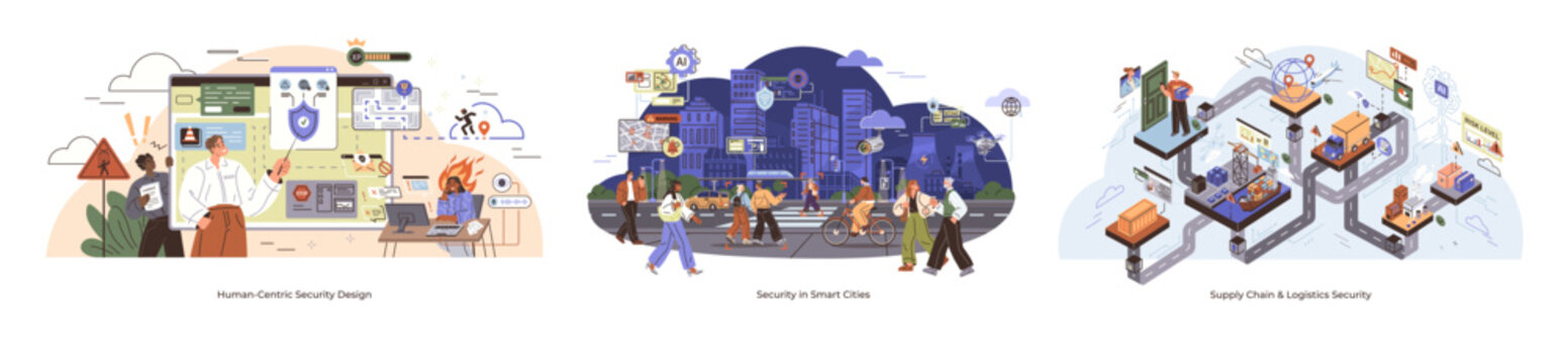 Security concept, human security in smart cities supply chain and logistics. Cybersecurity, online privacy, data protection, smart cities security, network monitoring. People engaging with technology