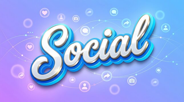 Social media branding and digital communication concept. Glowing neon text with blue and purple gradient. Circular icons for messaging, sharing, and networking. Modern digital aesthetic for app design