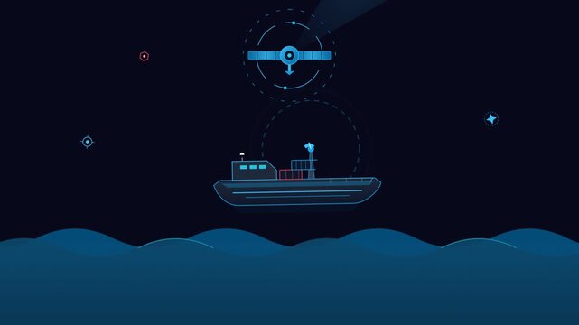 Animated cargo ship navigating ocean waves tracked by satellite radar