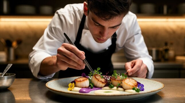 Young professional chef uses tweezers to plate gourmet scallop dish. Male cook carefully arranges edible flowers, microgreens on seared seafood meal. Culinary expert works with precision in modern