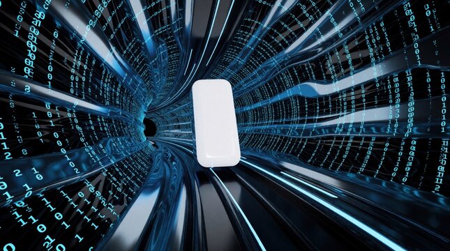 Abstract digital tunnel with blue light, binary code flowing through dark space. White rectangular object moves in center of high tech cyber tube. Futuristic data stream concept with glowing lines,