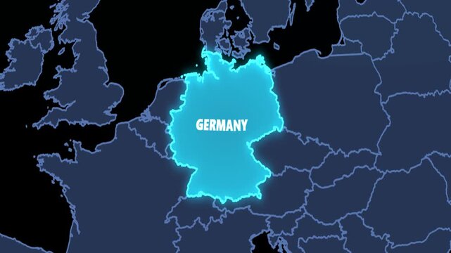 4K loop animation of a futuristic holographic 3D digital globe rotating and zooming into an elevated glowing Germany map with neon borders and 3D country text. Ideal for geopolitics, tech broadcast, E