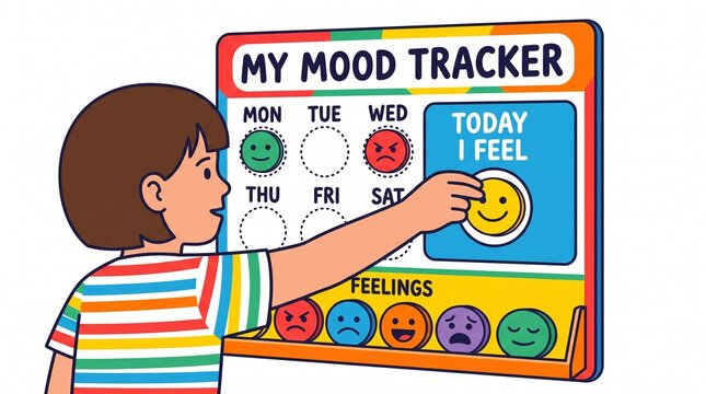 Child tracking daily emotions on a mood chart with smiley faces