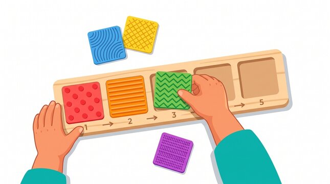 Childs hands playing with a textured shape sorting toy for learning