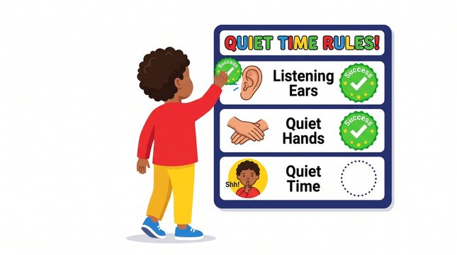 Child learning quiet time rules for classroom or home with visual aids