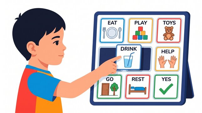 Child pointing to drink icon on a visual communication board