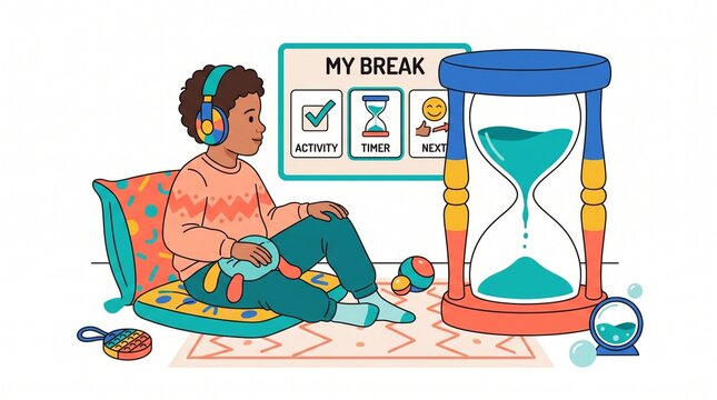 Child with headphones on relaxing during a break with timer and hourglass