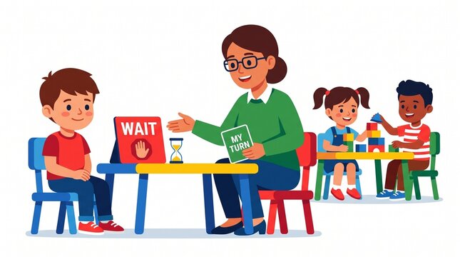 Teacher guiding children in classroom activity with turn taking signs and blocks