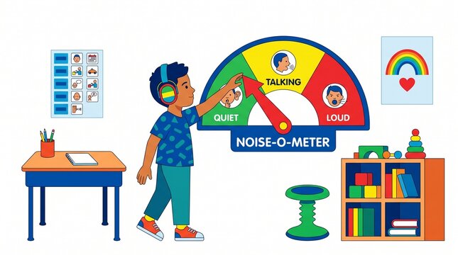 Child uses noise o meter to control classroom sound levels with visual aids