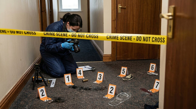 Forensic Investigator Documents Crime Scene Evidence with Numbered Markers and Chalk Outline Indoors