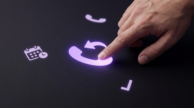 Close up of a businessman hand touching a glowing purple callback icon on a sleek digital touch screen interface for customer support and service