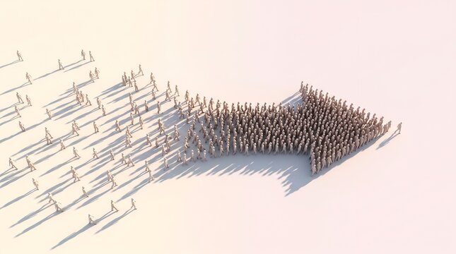 Massive crowd of stylized wooden figures converging into a large directional arrow representing organizational alignment and unity