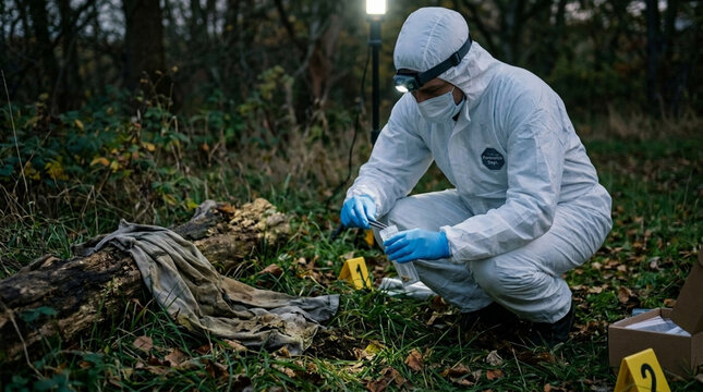 Forensic investigator in protective suit examining evidence at a crime scene in a forest at night with headlamp